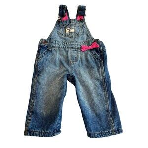Vintage OSHKOSH B'GOSH Bib Overalls Denim Blue Jeans Pink Bow Fleeced Lined 9M